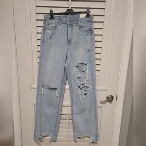 Curvy American Eagle Outfitters Light Blue Ripped Baggy Straight Jeans